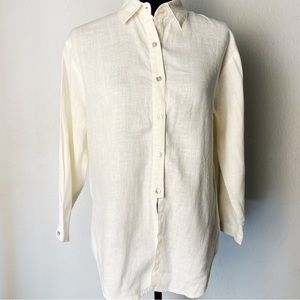 Kathleen Sommers 100% Linen Cream Lagenlook Top, Button Down Longline Top XS